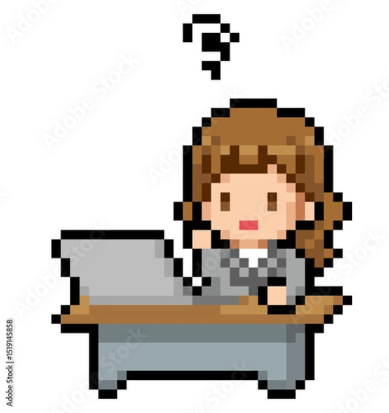 Obraz デスクで悩んでいるビジネスウーマンのドット絵