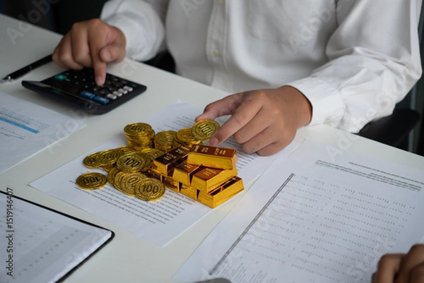 Fototapeta Businessmen discuss investing in gold bars and stocks