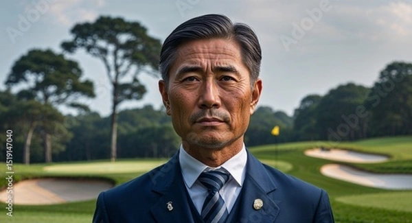 Fototapeta middle age Asian man in golf course background sports concept uniform portrait model photoshoot