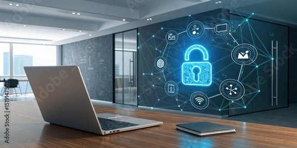 Obraz Cyber security concept with laptop and digital padlock for data protection and privacy online safety