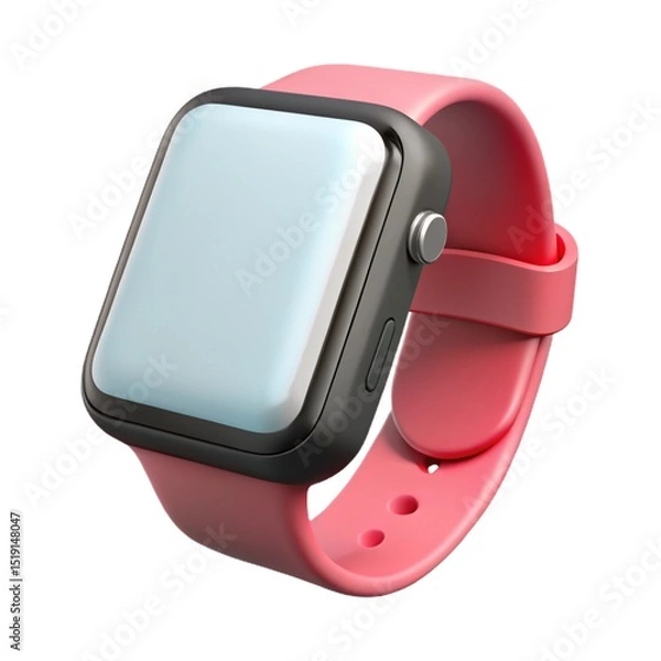 Fototapeta A close up of a smart watch with a pink band and a black frame on a white isolated background view 3d icon