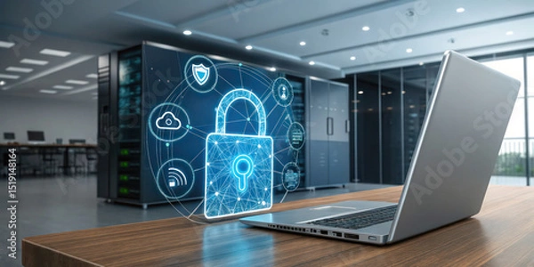 Obraz Cybersecurity network data protection and privacy concept with laptop in server room for business