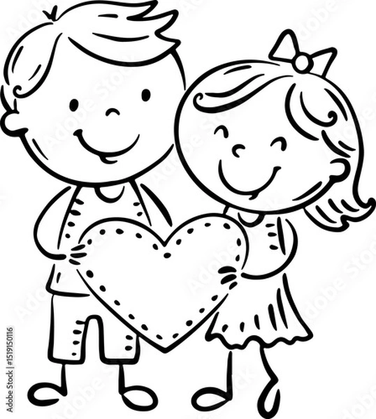Fototapeta Outline cartoon teens holding heart with a blank space for your text