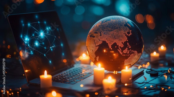 Obraz Christmas tree decorated with glowing lights and shining stars on a global festive night