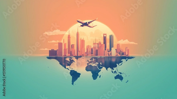 Obraz World map with city skyline and urban buildings vector illustration at sunset