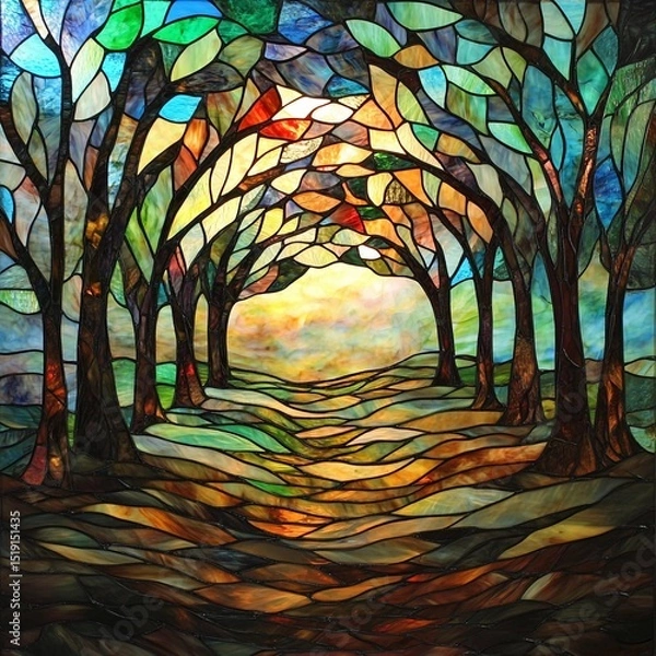 Fototapeta Stunning stained glass artwork depicting a colorful forest pathway with vibrant leaves in sunlight