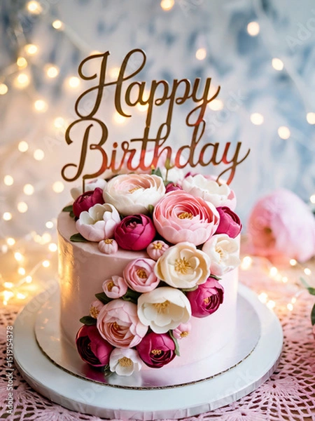 Obraz Happy Birthday topper and cake decorated with marzipan flowers like peonies and roses. Bokeh lights on the background. Selective focus.