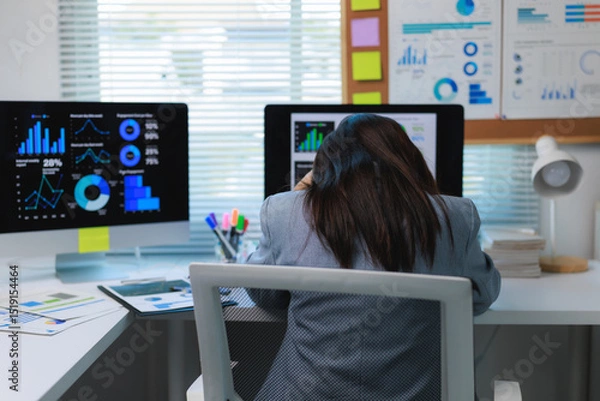 Fototapeta Stressed businesswoman sleeping at office desk with charts on computer screens