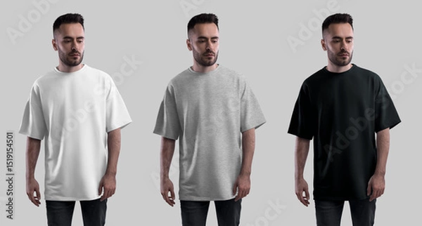 Fototapeta Template white, heather, black oversized t-shirt on a bearded man, front view, for design, print, pattern. Streetwear set.