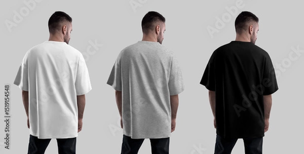 Fototapeta Mockup of white, heather, black oversized t-shirt on bearded man, back view, isolated on background. Streetwear set.