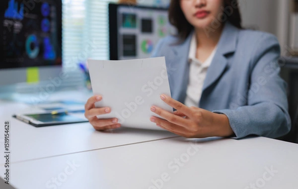 Fototapeta Businesswoman reading documents at office desk with charts on computer screen