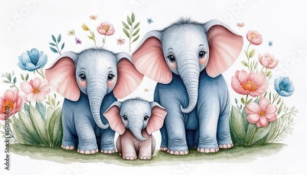 Fototapeta Charming Elephant Family Illustration, Blending Cute Vegetation Details with a Whimsical Seamless Pattern for Enchanting Nursery Dcor or Adorable Baby Footwear.