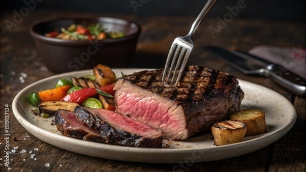 Fototapeta Medium Rare Grilled Steak with Vegetables on Rustic Wooden Table