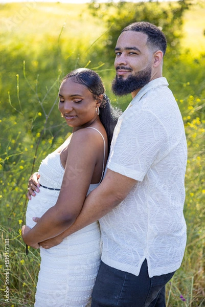 Obraz An African American couple enjoys summer outdoors, with the husband lovingly embracing his wifes pregnant belly in a serene, green setting, celebrating their intimate moments and future as a family