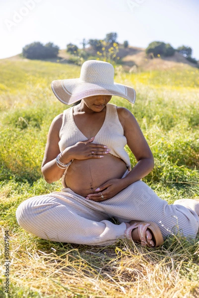 Obraz Imagine a serene scene of a pregnant woman relaxing outdoors on a warm summer day, highlighting the elegance of pregnancy amidst a stunning natural backdrop, showcasing the harmony of life and nature