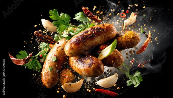 Obraz grilled sausage featuring floating in the air. fresh ingredients such as lemongrass slices, dried chilies, garlic, shallots, turmeric, and coriander seeds splashes around it