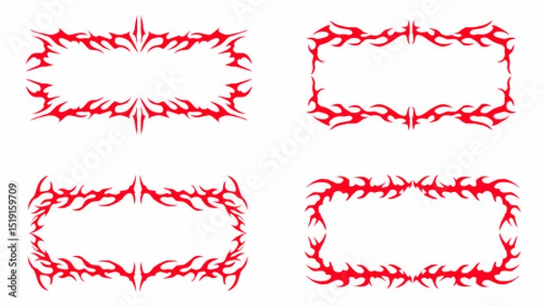 Fototapeta Set of Neo tribal fire frames, cyber gothic borders symmetrical shape, futuristic y2k abstract poster element. Cyber sigilism vintage vector design elements isolated
