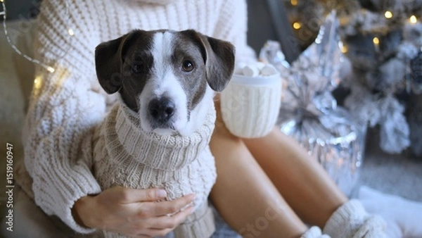 Fototapeta Woman wearing cozy sweater embracing her dog, also wearing a matching sweater, while enjoying a cup of hot chocolate with marshmallows by a decorated christmas tree during the holiday season