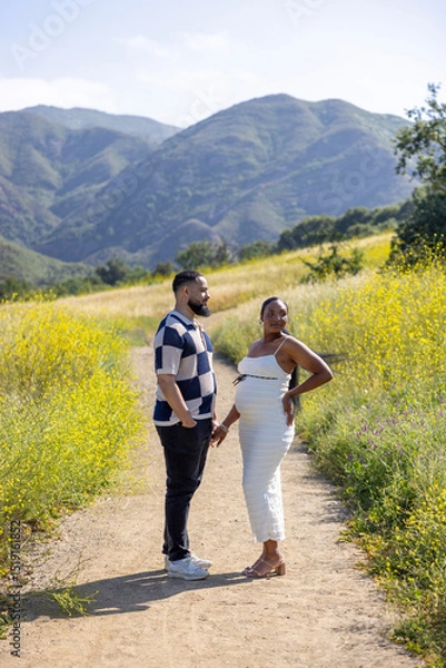 Obraz An African American couple enjoys a warm summer day outdoors, celebrating their pregnancy journey amidst scenic mountains and blooming flowers, creating lasting memories filled with love