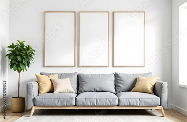 Fototapeta Three wooden vertical frames mockup, mockups, living room with grey sofa, beige pillow, empty vertical mockups for pictures in the living room, white empty space for picture on the wall