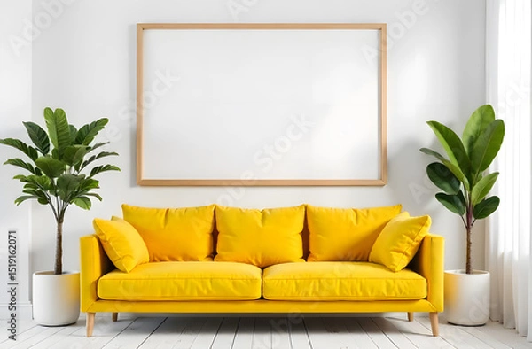 Fototapeta  One wooden big frame mockup, mockups, living room with yellow sofa, yellow pillows, empty mockup for picture in the living room, white empty space for picture on the wall