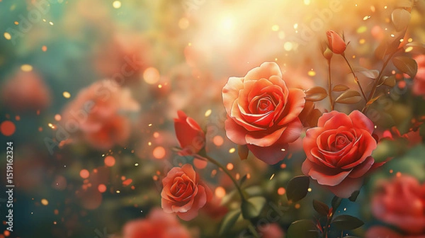 Fototapeta This picture shows a cluster of blooming roses with sunlight on the petals, creating a romantic and dreamy atmosphere.