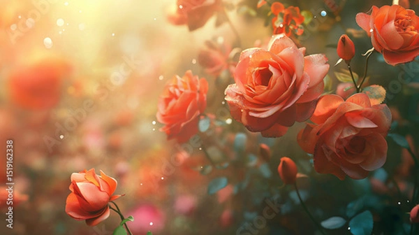 Fototapeta This picture shows a cluster of blooming roses with sunlight on the petals, creating a romantic and dreamy atmosphere.
