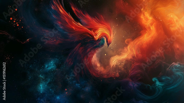 Fototapeta This picture shows a phoenix soaring in flames, with vibrant colors and full of power and mystery, symbolizing rebirth and hope.