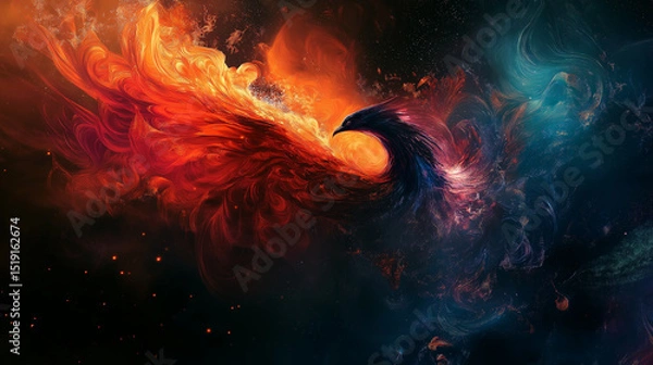 Fototapeta This picture shows a phoenix soaring in flames, with vibrant colors and full of power and mystery, symbolizing rebirth and hope.