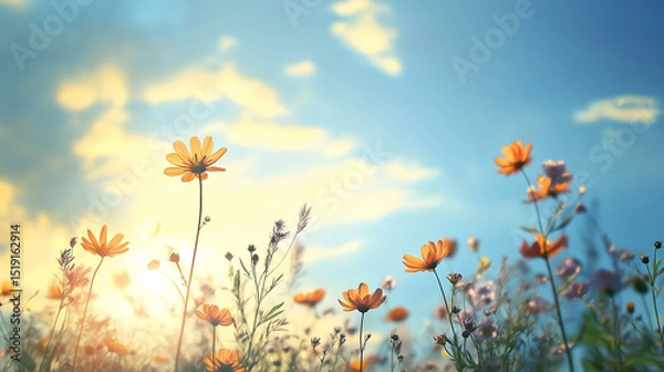 Fototapeta This picture shows a sea of golden flowers with sunlight on the petals, blue sky and white clouds highlighting a peaceful and beautiful natural scene.