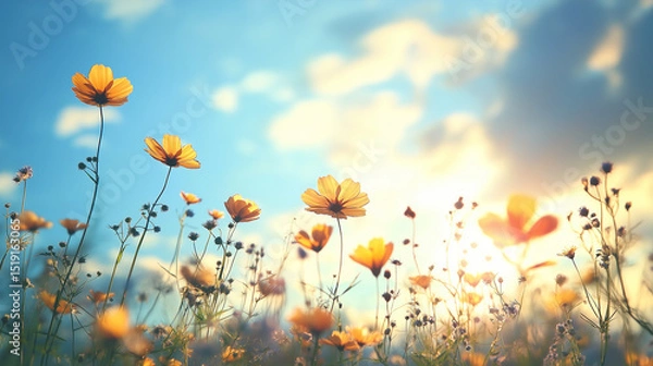 Fototapeta This picture shows a sea of golden flowers with sunlight on the petals, blue sky and white clouds highlighting a peaceful and beautiful natural scene.