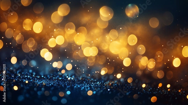 Fototapeta This picture shows a field of shimmering golden light spots against a deep blue background, creating a dreamy and mysterious atmosphere full of festive joy.