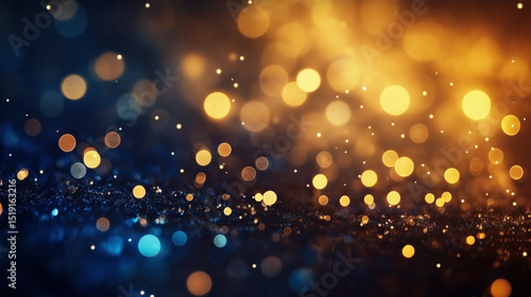 Fototapeta This picture shows a field of shimmering golden light spots against a deep blue background, creating a dreamy and mysterious atmosphere full of festive joy.