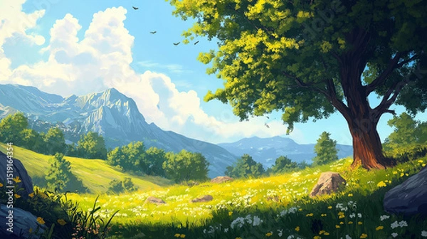 Fototapeta This picture shows a lush green meadow with a tall tree standing in the middle, and distant rolling hills under a blue sky with white clouds, creating a beautiful scene.