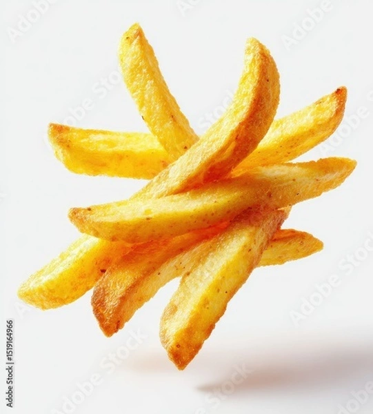 Fototapeta A cluster of golden-brown, thick-cut potato wedges floats against a stark white backdrop, showcasing their crispy texture and appetizing color