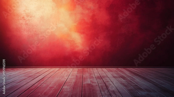 Fototapeta This picture shows an empty room with red walls and wooden floors, which appear warm and mysterious under soft lighting.