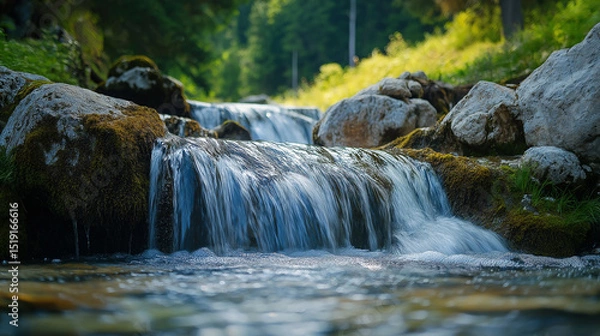 Fototapeta This picture shows a clear stream with water flowing down from rocks, surrounded by lush green vegetation, creating a pleasant scene.