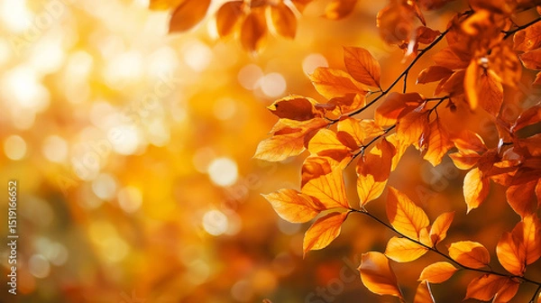 Fototapeta This picture shows a golden autumn leaf with sunlight filtering through, casting warm light and creating a peaceful and beautiful autumn atmosphere.