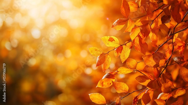 Fototapeta This picture shows a golden autumn leaf with sunlight filtering through, casting warm light and creating a peaceful and beautiful autumn atmosphere.