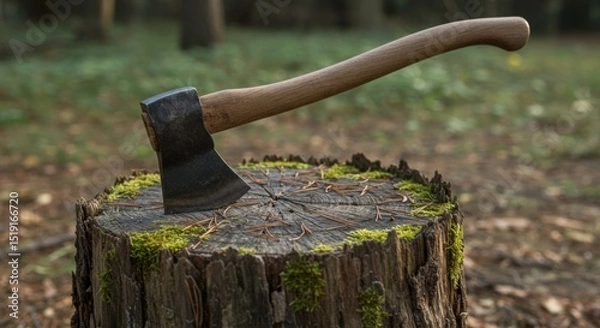 Fototapeta Axe in Mossy Tree Stump in Forest