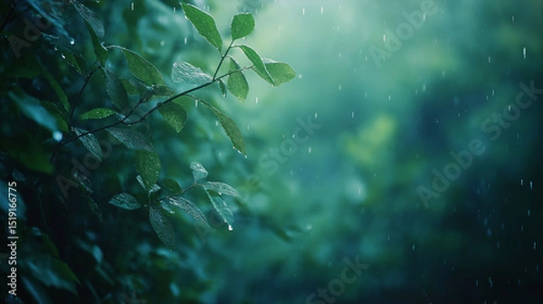 Fototapeta This picture shows lush green plants in the drizzle, appearing particularly fresh with water droplets shimmering on leaves, creating a tranquil and vibrant atmosphere.