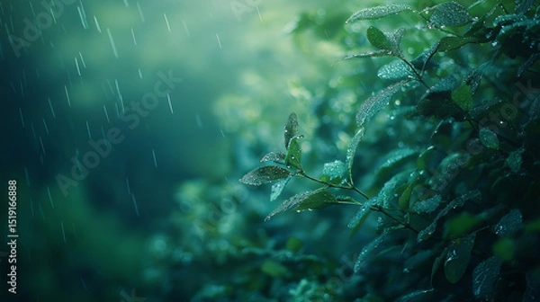 Fototapeta This picture shows lush green plants in the drizzle, appearing particularly fresh with water droplets shimmering on leaves, creating a tranquil and vibrant atmosphere.