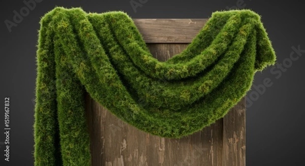 Obraz Green Moss Draped on Rustic Wooden Background
