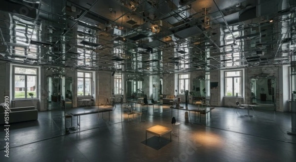 Obraz Reflective Hallway Installation: Dark Interior with Geometric Mirrors