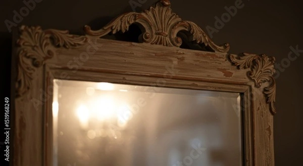 Obraz Antique Ornate Mirror with Grey Wooden Frame and Light Reflection