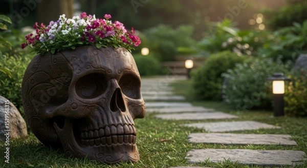 Obraz Dark Brown Skull Planter with Pink and White Flowers in a Garden