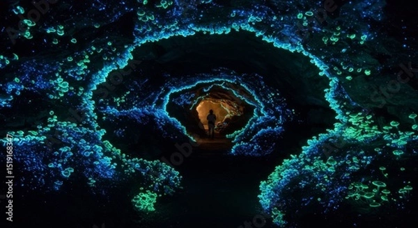 Obraz Person Silhouetted in Bioluminescent Cave