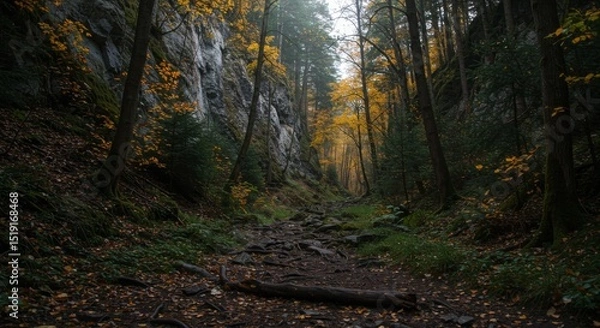 Obraz Autumn Forest Path: Dark Moody Woods Trail