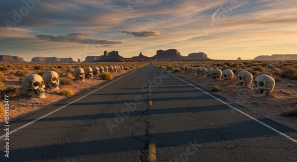 Obraz Skulls Line A Desert Road At Sunset, Monument Valley Landscape