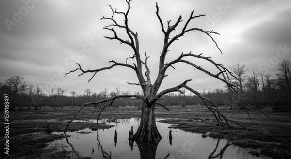 Obraz Dead Tree in a Swamp, Black and White Landscape